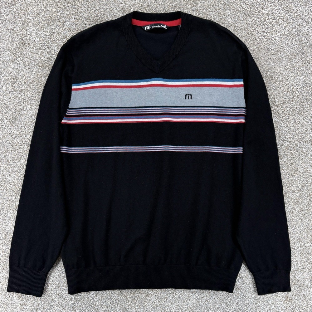 Travis Mathew Sweater Mens XL Black Stripe V Neck Pullover Supersoft Rayon Blend